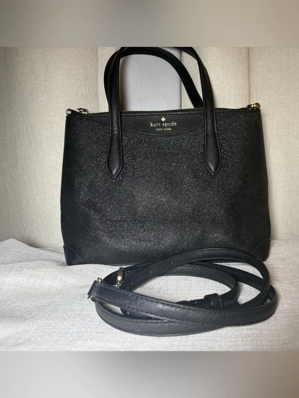 Kate Spade Glimmer Small Zip Satchel Black Glitter Crossbody Handbag KE460